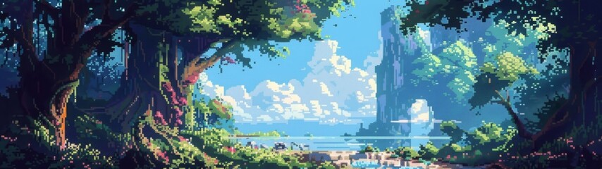 Fototapeta premium Pixel art lush forest opening to a bright seaside view with cliffs and a tranquil beach under a sunny sky. Retro-style digital artwork. Generative AI
