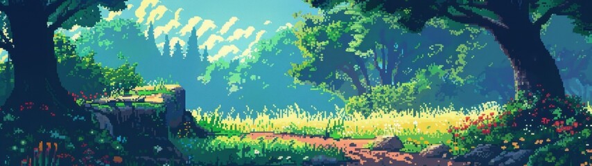 Fototapeta premium Pixel art forest clearing with wildflowers and a stone path under large trees. Vibrant natural scene. Nature exploration and tranquility concept for design and storytelling. Generative AI