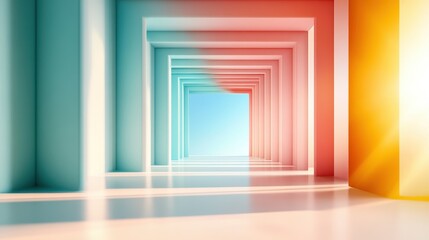 Perspective view down a colorful hallway featuring gradient lighting, where vibrant hues transition smoothly, illustrating depth and inviting viewers into the scene.