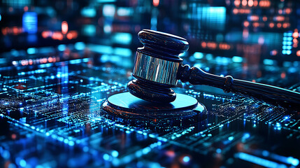 Abstract technology backgrounds enhance the concept of legal authority.