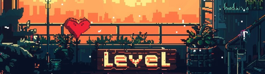 Obraz premium Pixel art rooftop with a glowing red heart and 'level' text. Cityscape background at sunset with industrial and urban elements. Generative AI