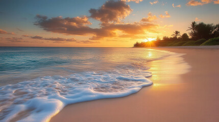 Fototapeta premium A vast sandy beach with gentle waves touching the shore under a golden sunset