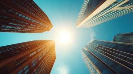 A spectacular perspective of the sun beaming through a cluster of modern skyscrapers, highlighting the vibrancy, energy, and aspirations of the city skyline.