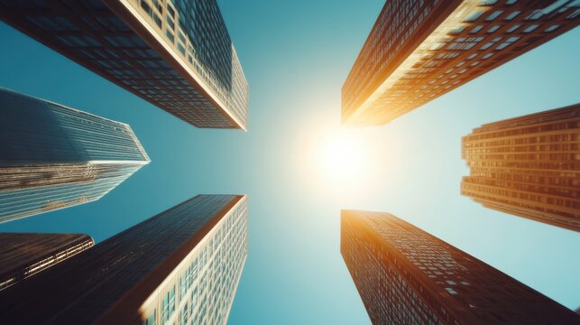 This image captures skyscrapers bathed in a golden glow as they soar into a bright sky, blending architectural excellence with natural light artistry.