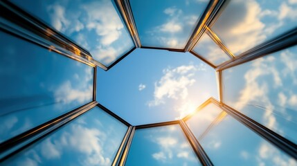 Looking skyward through an octagonal glass panel, emphasizing the limitless expanse of blue sky and soft clouds, an artistic representation of freedom and perspective.