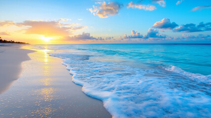 serene beach scene at sunset with gentle waves and vibrant colors