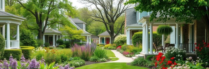 Fototapeta premium lush green foliage surrounding charming homes with colorful flowers in full bloom, as residents relax on their inviting porches overlooking the picturesque scene, relaxing, neighborhood