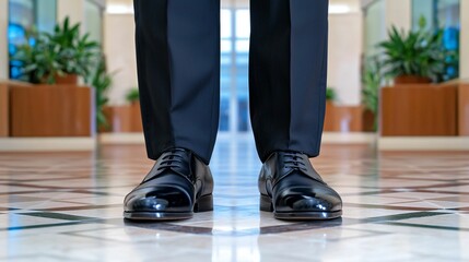 Fototapeta premium Tuxedo suit for wedding. A close-up view of polished black dress shoes worn with formal trousers, set against a modern indoor environment with greenery.