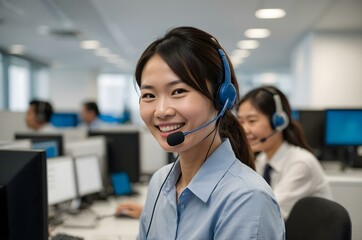 Asian call center representative in a modern office, symbolizing professionalism, efficiency, and excellent service.