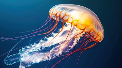 Close-up of a jellyfish with orange and white tentacles against a dark blue background.