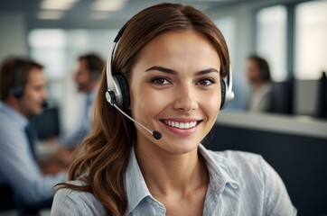 Happy customer service professional in a tech-savvy office, using advanced tools to deliver reliable and efficient support to clients. Young, brunette and beautiful