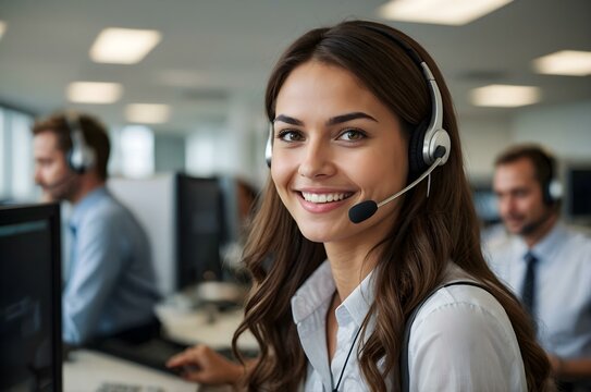 Experienced contact center agent using professional communication tools to ensure efficient customer service and support in a fast-paced workspace. Call Center Stock Photo, brunette and beautiful