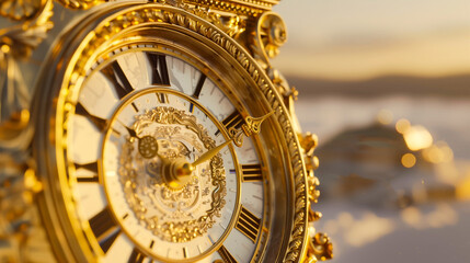 Obraz premium Golden Clock at Midnight. A close-up of an ornate clock striking twelve, symbolizing the countdown to the New Year