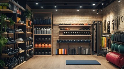 Modern Fitness Studio Interior with Equipment, Weights, and Exercise Mats in a Contemporary Design for Workout Enthusiasts and Trainers