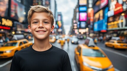 A smiling boy stands in Times Square, surrounded by yellow taxis and vibrant city life.