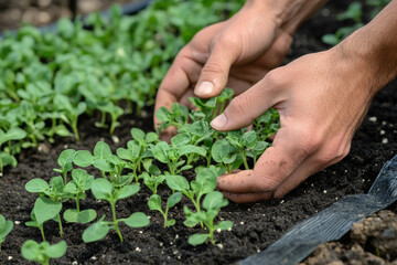 Hands planting seedlings