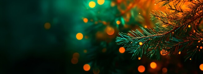 Abstract christmas background with christmass dark green needle branch with orange blured lights, copy space for text