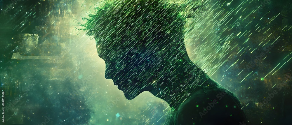 Aufkleber ethereal portrait of a contemplative figure surrounded by a dreamlike rain of colorful particles ill