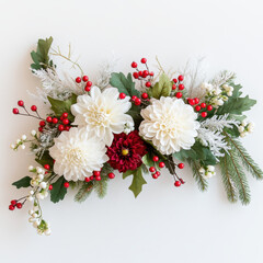 Winter floral display featuring white dahlias, red hypericum berries, and greenery, creating festive and elegant arrangement perfect for seasonal decor