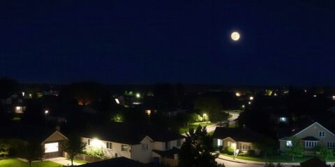 Fototapeta premium Moonlit suburban street with long shadows of trees and houses, shadows, trees
