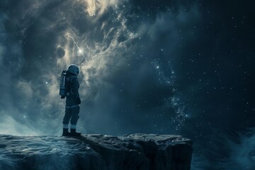 Obraz premium Astronaut standing on an alien planet, gazing at distant stars and planets