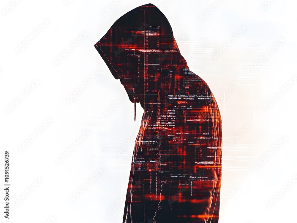 Poster mysterious figure in hoodie with digital code overlay, representing themes of anonymity, technology,