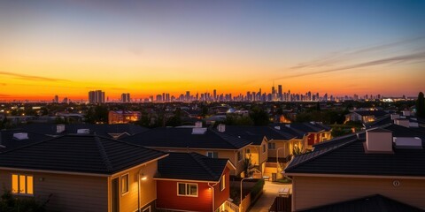 Orange light from sunset illuminating modern houses in residential area, city, neighborhood