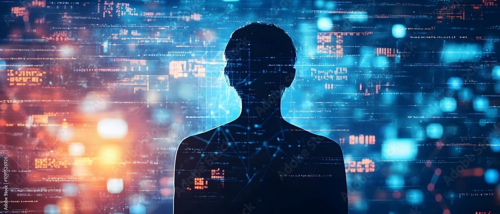 Aufkleber A Silhouetted Figure Against a Futuristic Data Visualization in a High-Tech Environment Reflecting Digital Interconnectivity and Artificial Intelligence Concepts