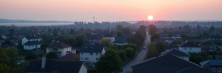 Fototapeta premium Peaceful suburban morning with soft light illuminating houses, houses, peaceful