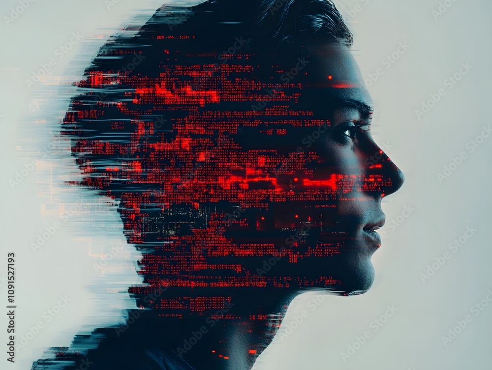 Poster Artistic representation of a human profile with a digital glitch effect showcasing a blend of technology and humanity in a modern, abstract manner