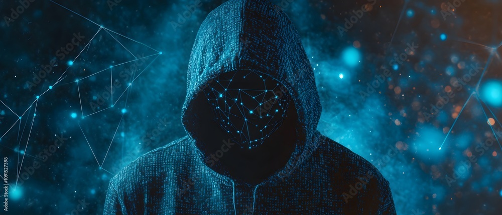 Poster mysterious figure shrouded in darkness, featuring an abstract digital face with glowing connections,
