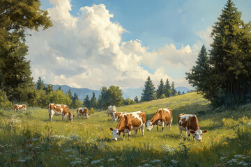 Naklejka premium Grazing Brown and White Cows in a Mountain Meadow