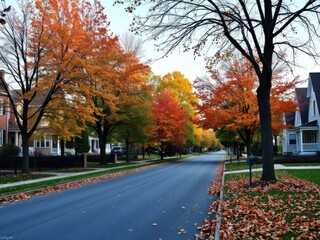 Obraz premium Quiet suburban street lined with colorful autumn leaves, gently blowing in the late afternoon breeze, suburban, autumn
