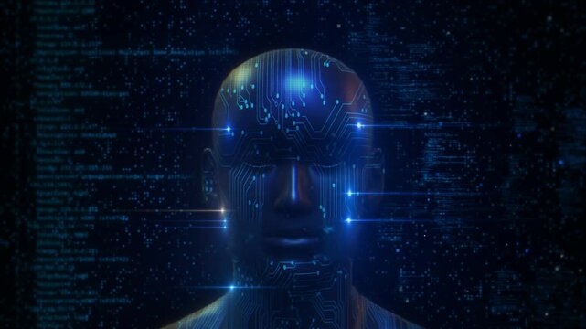 Digital Human head brain network AI artificial intelligence Deep learning concept. face virtual human character clone, Brain innovative Big data. Future AI tech machine learning, face circuit board 4K