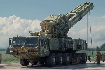 Obraz premium Military vehicle prepares for deployment on a training ground in clear weather. Generative AI