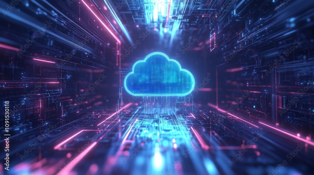 Aufkleber A glowing blue cloud icon is positioned amidst a backdrop of vibrant neon lights and intricate digital patterns.