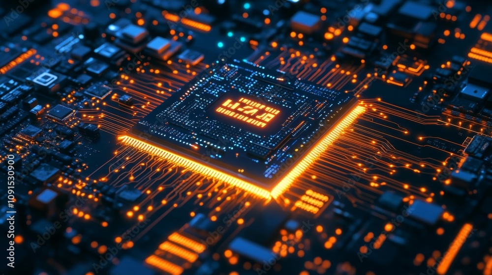 Poster The close-up view displays a complex circuit board filled with connectors and glowing elements, showcasing intricate electronic pathways.