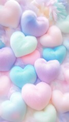 Obraz premium Pastel colored fluffy heart shaped pillows creating a cozy background
