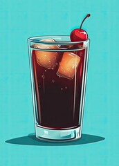 Coke and cherry in a glass with ice on teal background