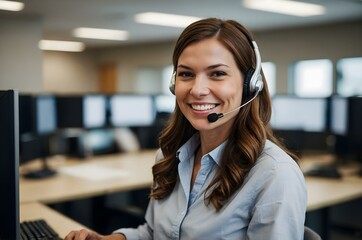 Call center professional providing outstanding client support while working with a headset in a dynamic and collaborative corporate workspace.