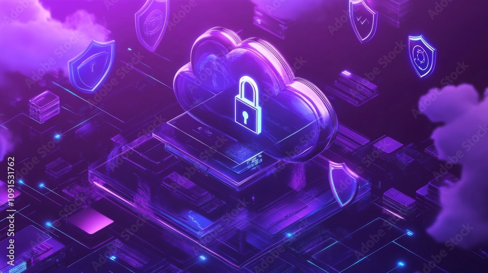 Poster A 3D rendering of a cloud with a padlock on it is displayed in the center of the image. The cloud is made of glass and appears to be floating above a complex circuit board.