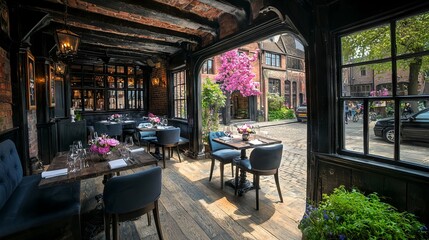 Fototapeta premium Cozy restaurant interior with floral views and outdoor seating.