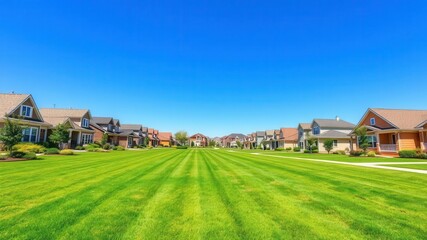 A picturesque suburban neighborhood with perfectly manicured lawns lined with colorful houses under a bright blue sky, suburban, neighborhood