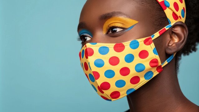This artistic image presents a subject with a face mask composed of a playful mix of colorful dots in red yellow and blue. The mask stands out against their natural skin tone