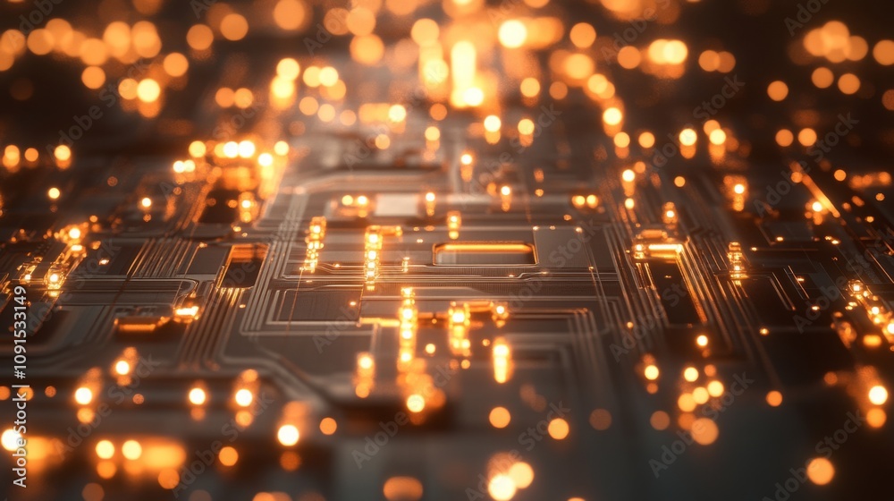Poster The circuit board shimmers with orange lights creating an abstract and vibrant atmosphere. Lines and patterns intertwine, showcasing advanced technology and innovation in an artistic display.