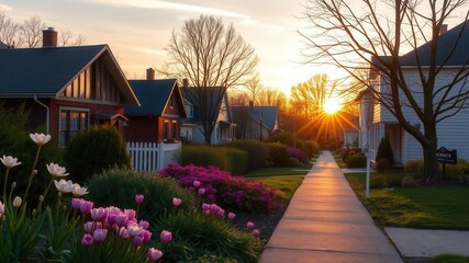 Obraz premium A serene neighborhood in early spring, featuring flowers beginning to bloom as the sun rises, bloom, flowers