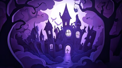 Spooky haunted castle emerging from a dark forest under full moon, halloween night