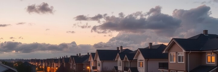 A serene suburban street at dusk, with soft light glowing through each window, cozy, ambiance