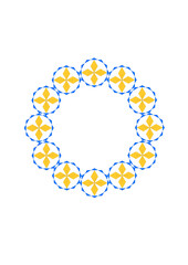 wreath of circularly arranged blue and yellow elements with star motif, border in modern and abstract design with copy space