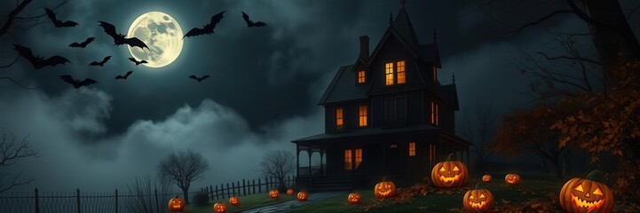 Fototapeta premium A spooky Halloween background featuring a full moon, bats flying, haunted house, pumpkins, and eerie fog, night, creepy